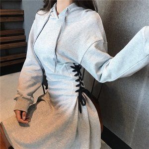 Grey Lace-Up Mini Hoodie Dress